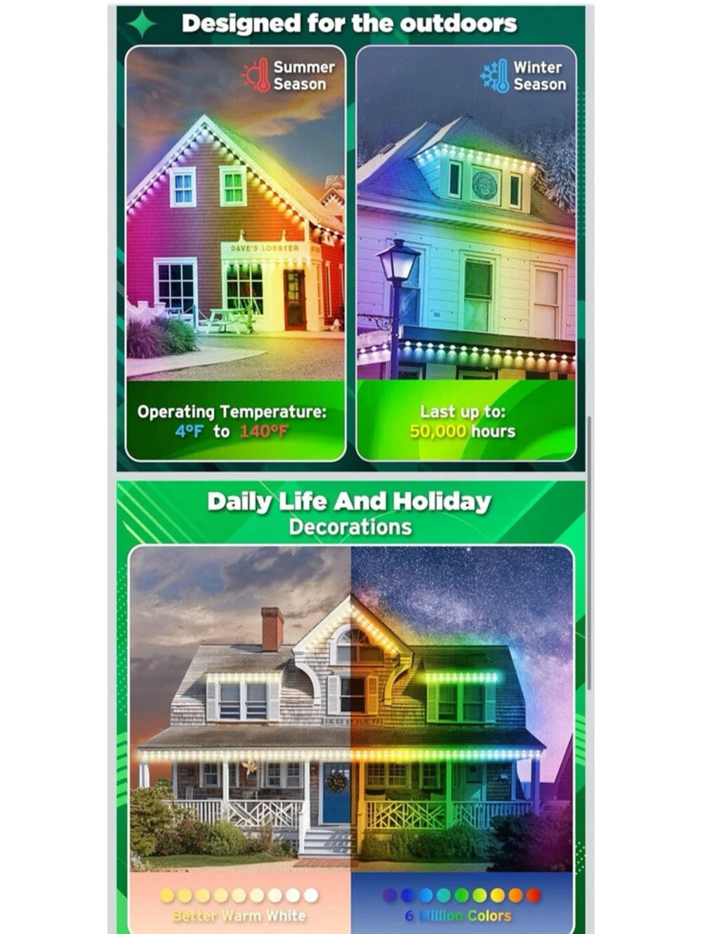 100FT Outdoor LED Eaves Light RGB Roof String Lights App Remote Control Open Box